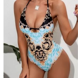 Open back retro print swimsuit